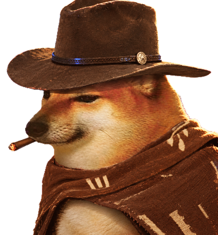 Outlaw Doge in a brown cowboy hat with a star badge and a patterned poncho, cigar in mouth