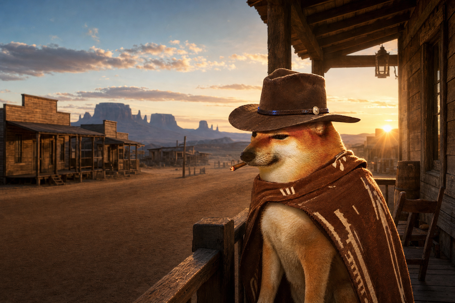 Outlaw Doge in a cowboy hat and poncho, cigar in mouth, leaning on a porch rail above a dusty western street at sundown